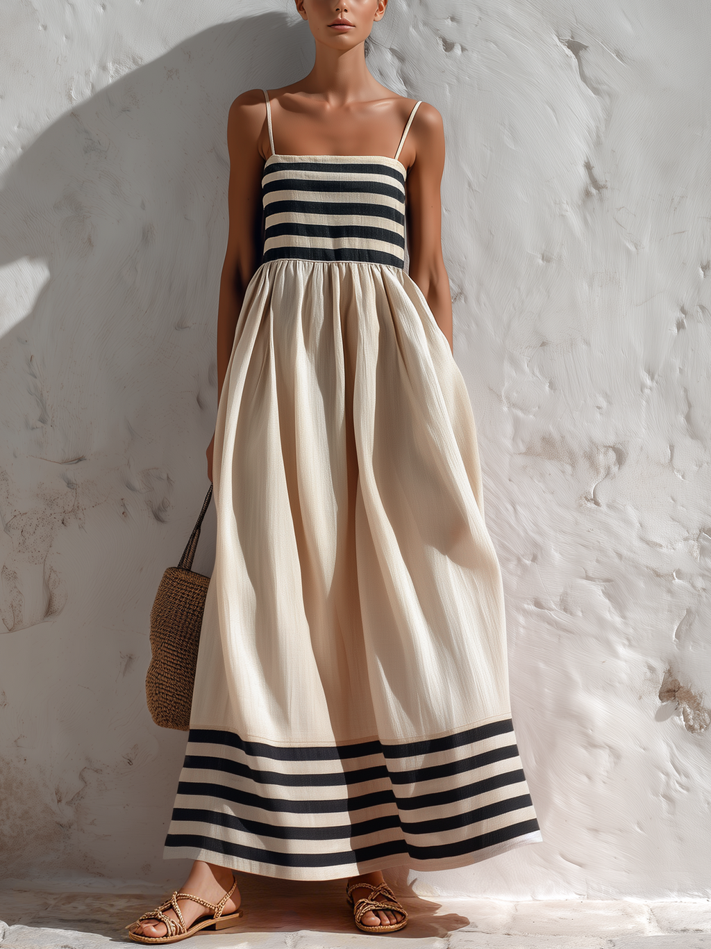Ortensia | Vestido largo a rayas negras y beige con tirantes finos, elegante y femenino