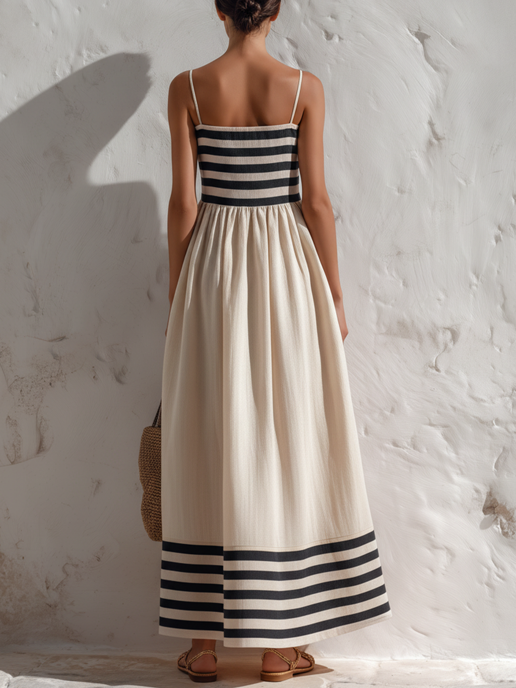Ortensia | Vestido largo a rayas negras y beige con tirantes finos, elegante y femenino