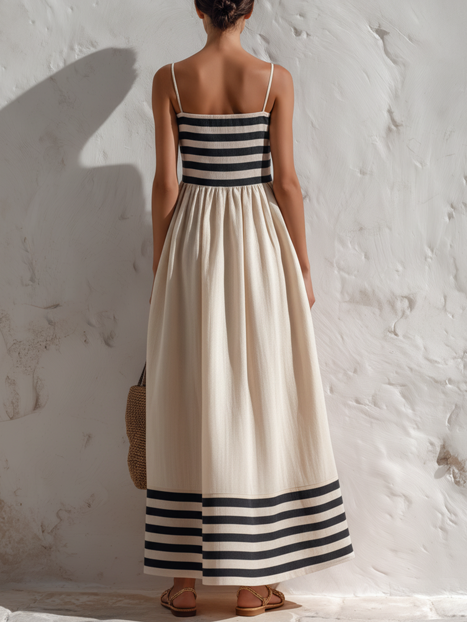 Ortensia | Vestido largo a rayas negras y beige con tirantes finos, elegante y femenino