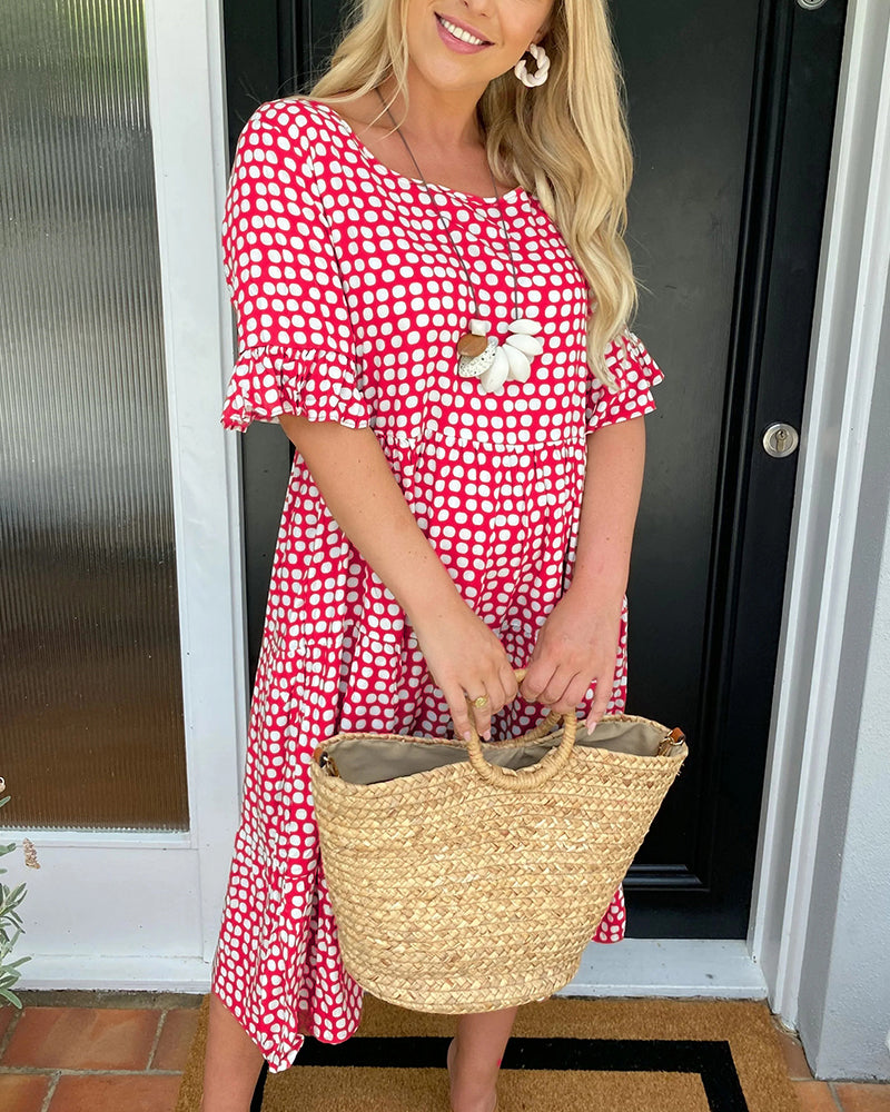 Vestido Midi de Lunares con Cuello Redondo Fluido