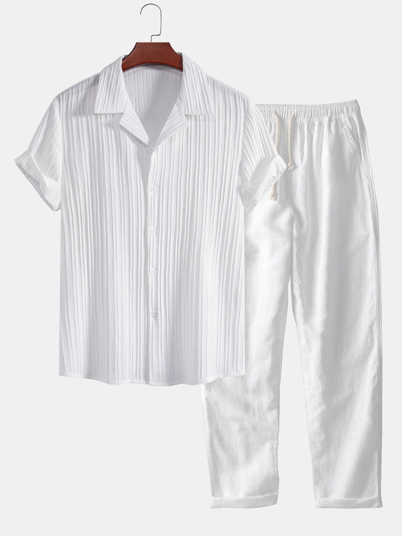 Conjunto Camisa Cubana Jacquard a Rayas y Pantalón