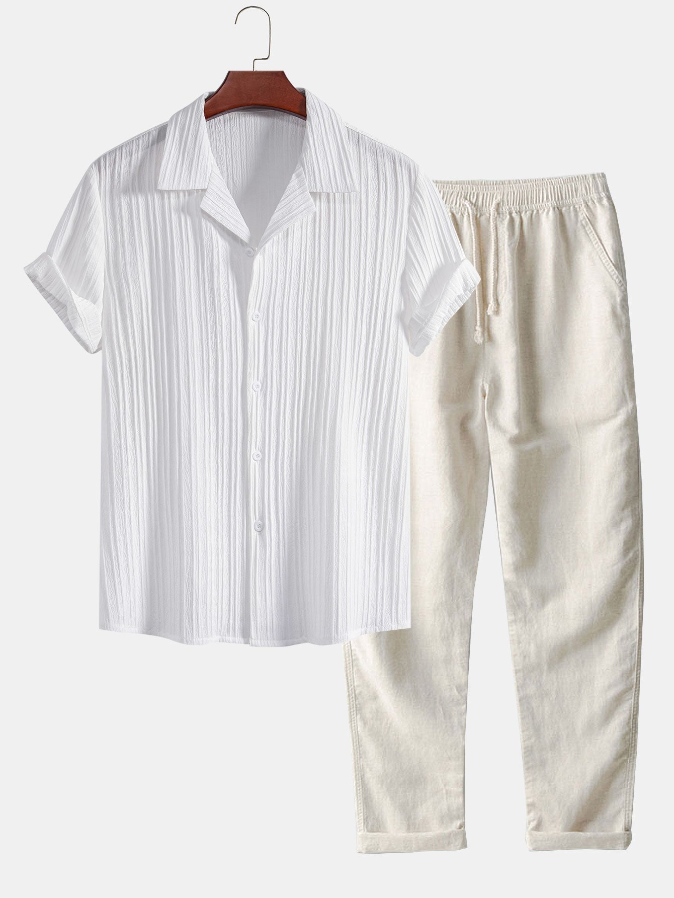 Conjunto Camisa Cubana Jacquard a Rayas y Pantalón