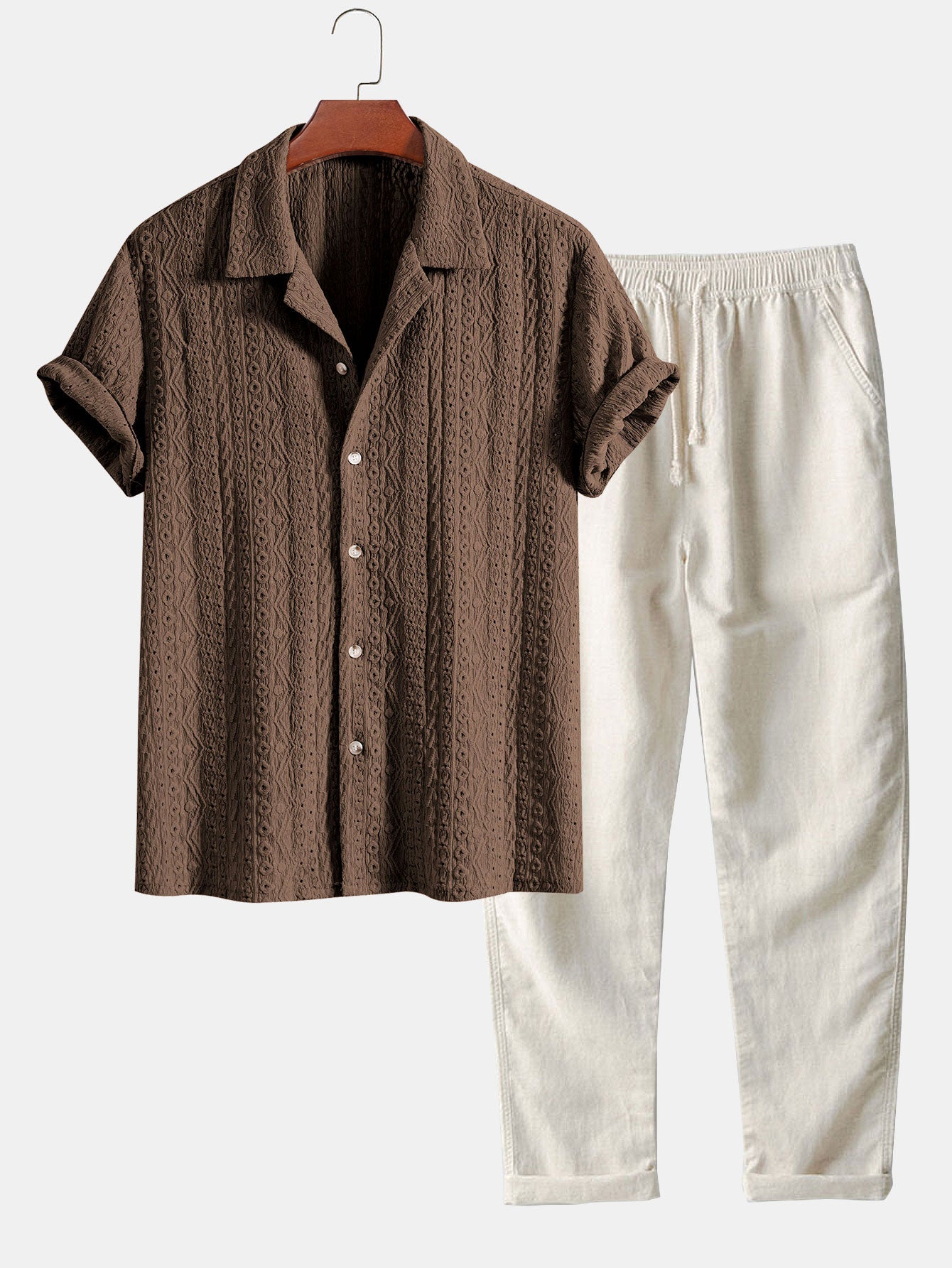 Conjunto Camisa Cubana Jacquard y Pantalón Recto de Lino