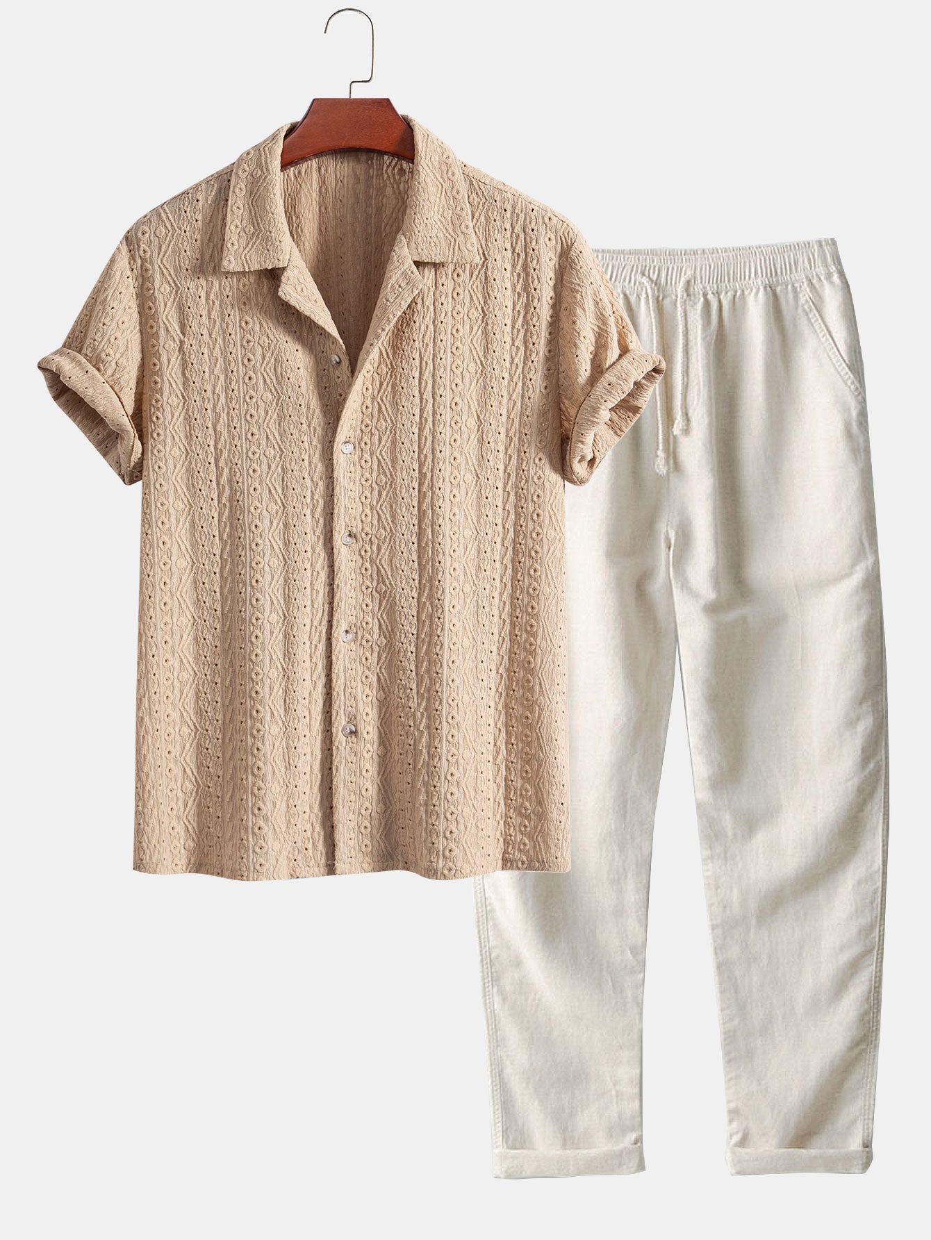 Conjunto Camisa Cubana Jacquard y Pantalón Recto de Lino