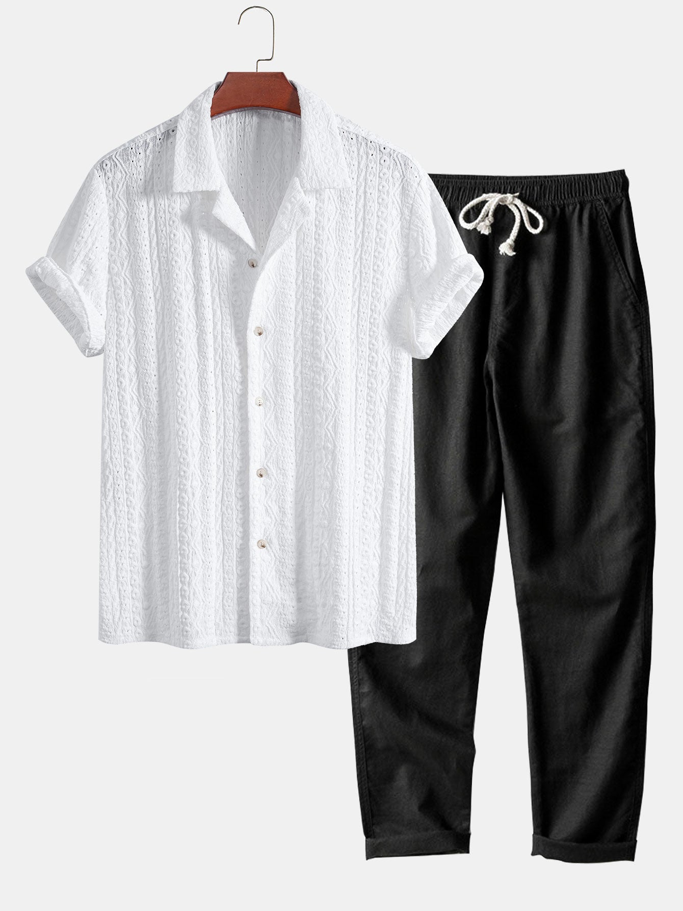 Conjunto Camisa Cubana Jacquard y Pantalón Recto de Lino