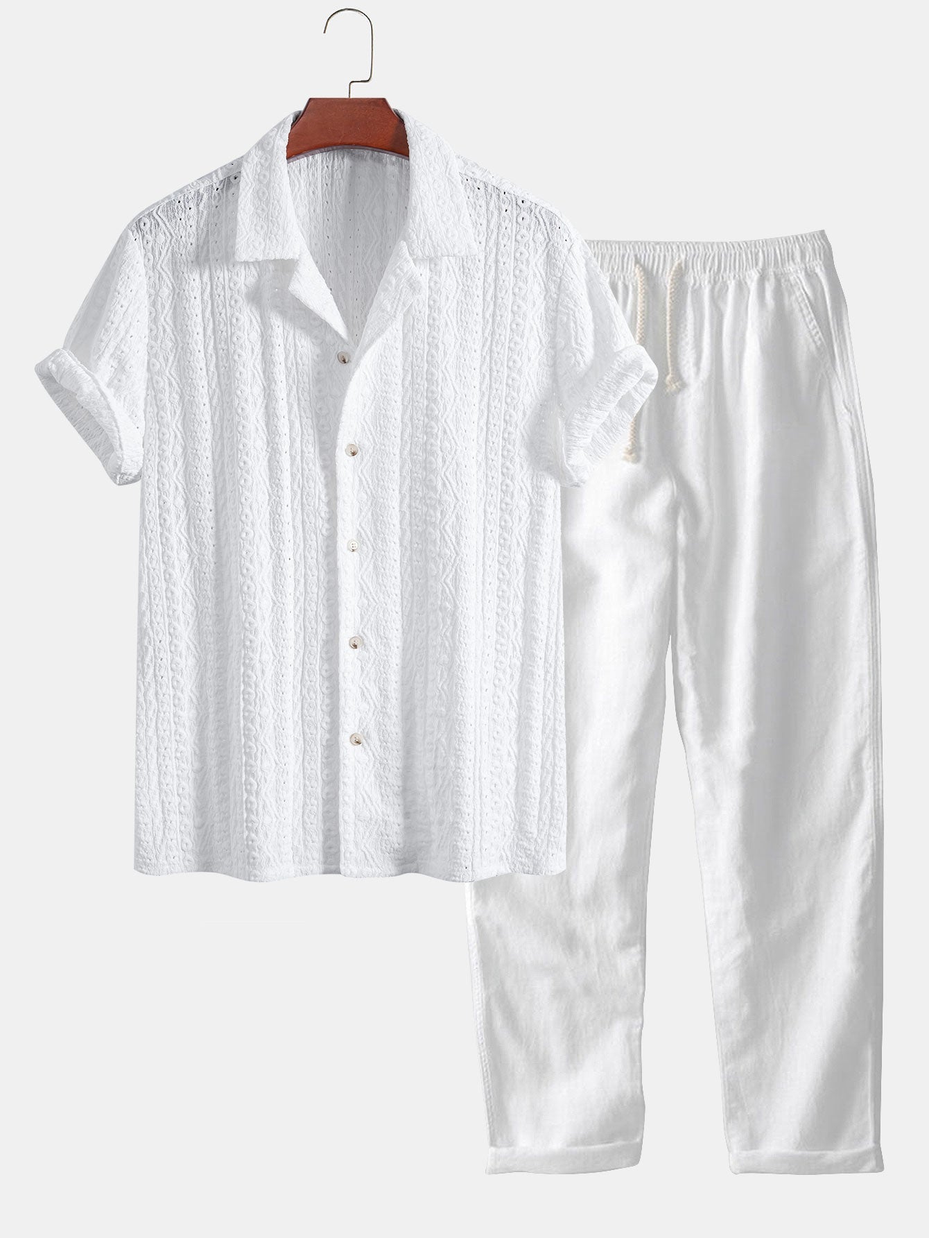 Conjunto Camisa Cubana Jacquard y Pantalón Recto de Lino