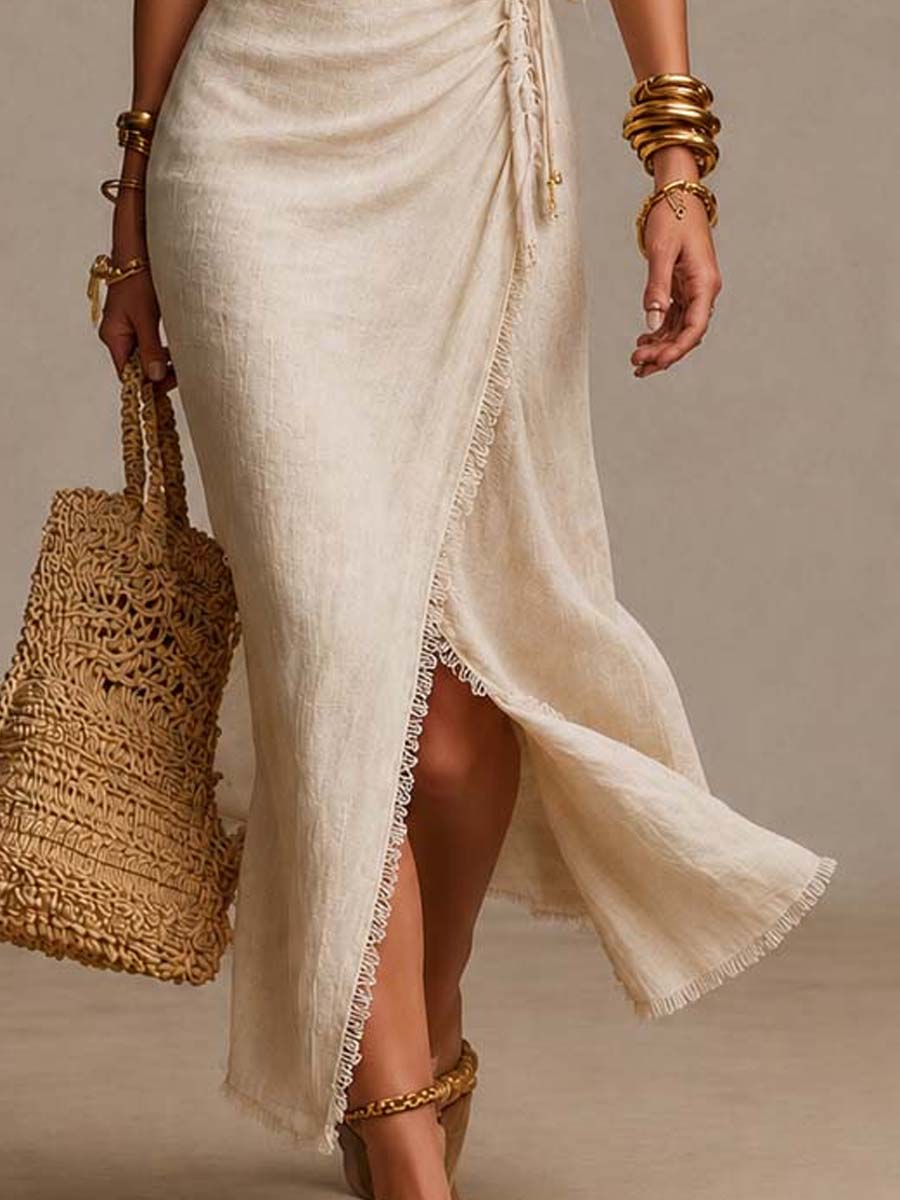Tatiana | Vestido midi de lino natural con escote cruzado y encaje
