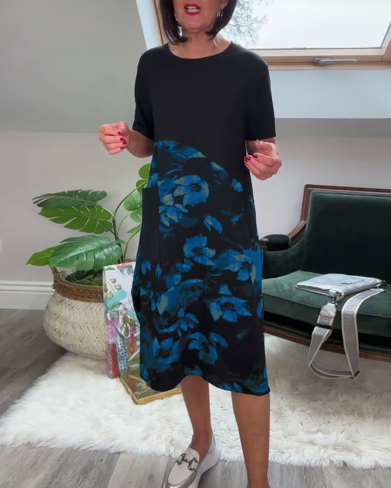Vestido Patchwork con Flores y Cuello Redondo