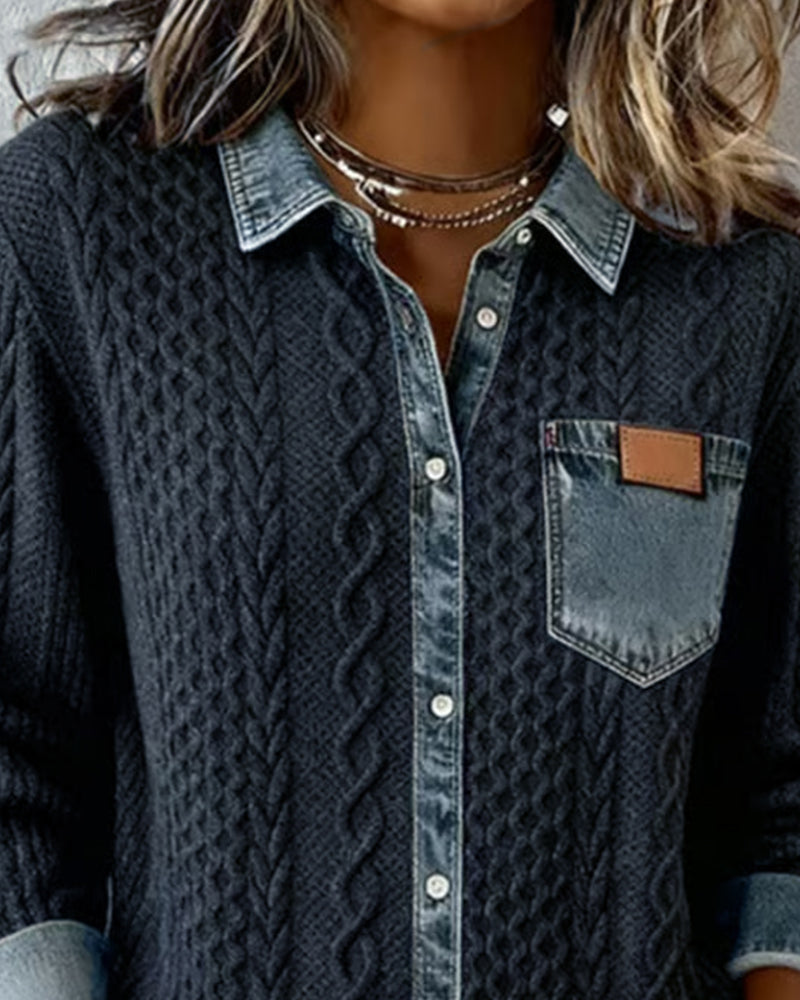 Camisa Hombre Manga Larga con Detalles Denim Casual