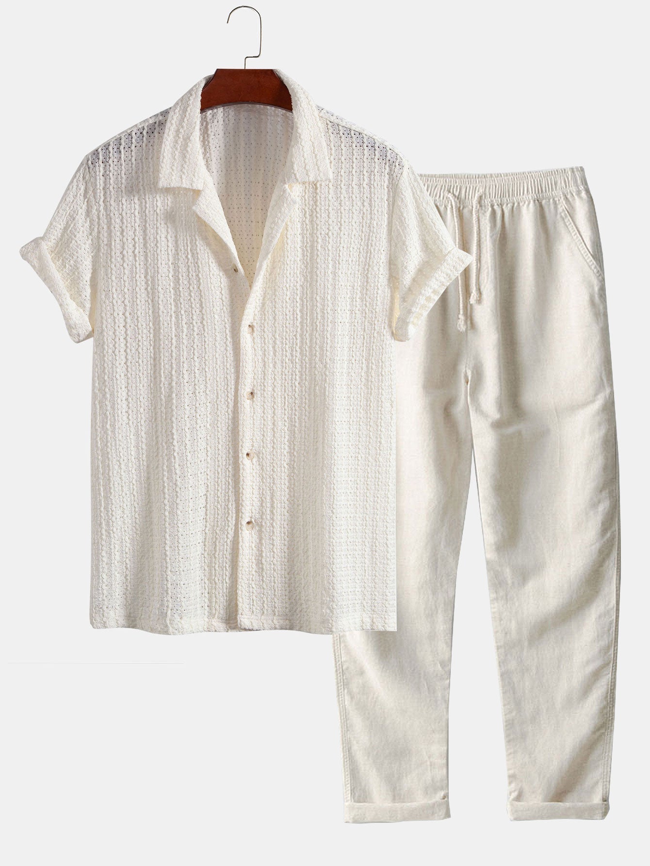Conjunto Camisa Cubana Jacquard y Pantalón Recto de Lino