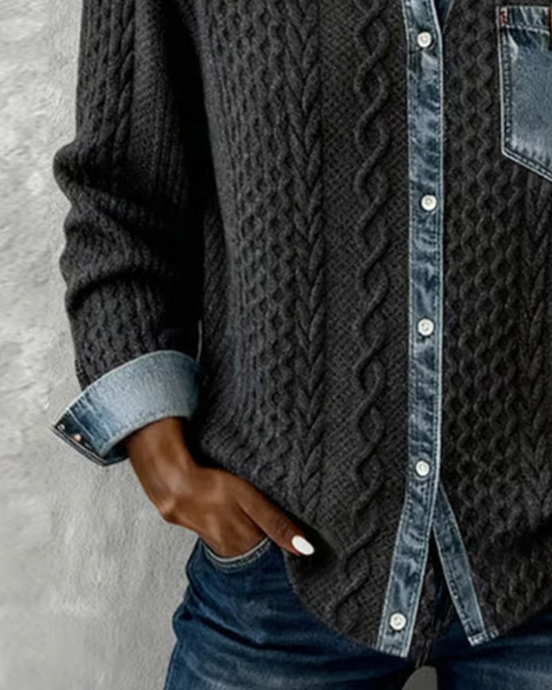 Camisa Hombre Manga Larga con Detalles Denim Casual