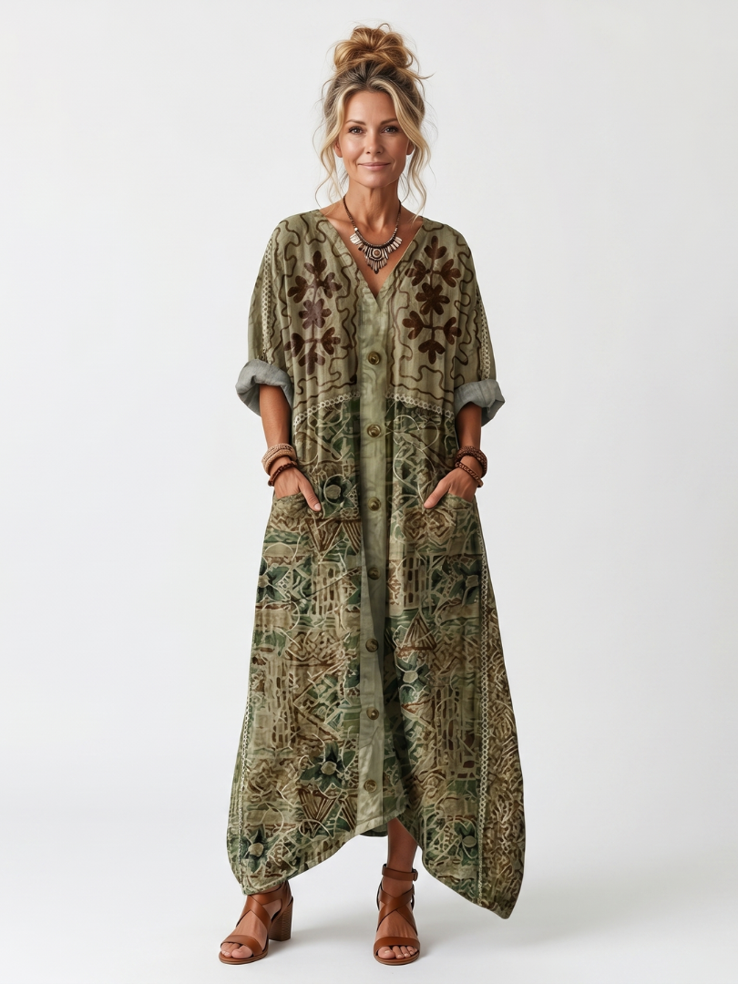 Aleta | Vestido midi oversize con bolsillos delanteros y botones frontales