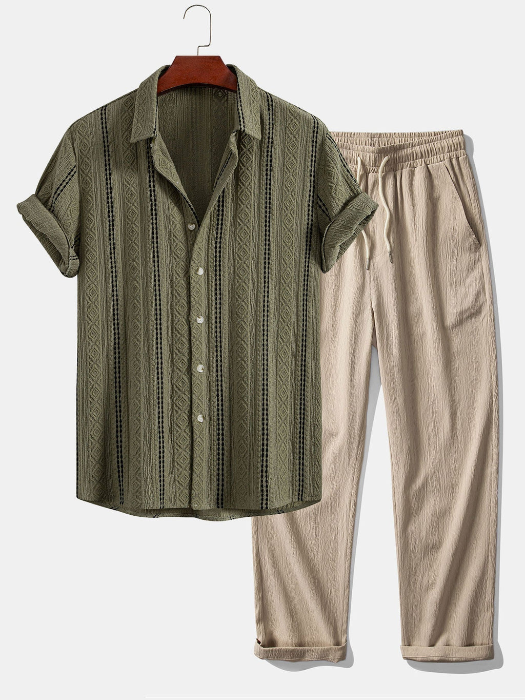 Conjunto Camisa Jacquard a Rayas y Pantalón Recto
