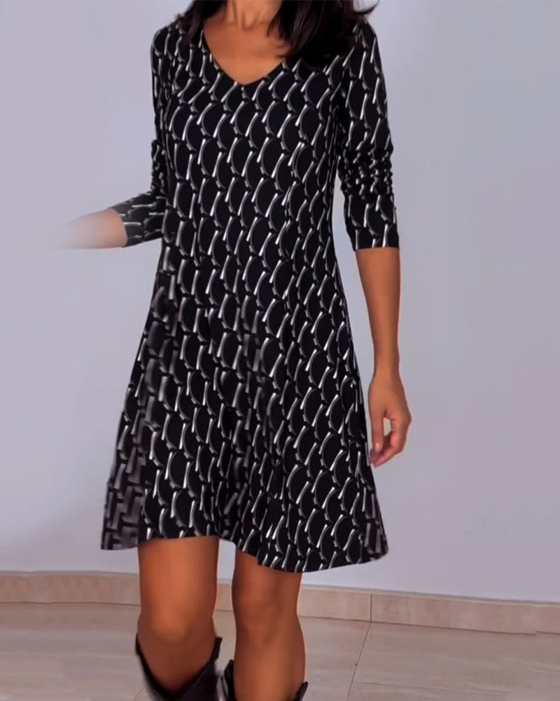 Vestido Cuadros Con Escote En V Y Manga Larga