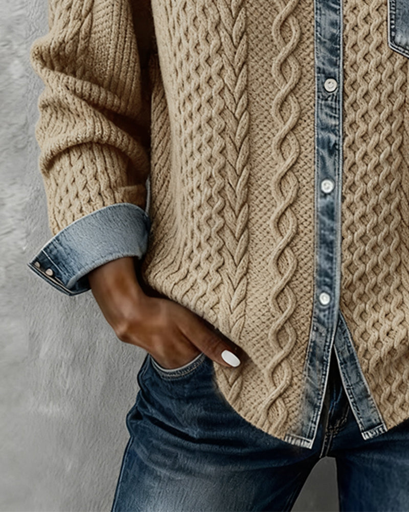 Camisa Hombre Manga Larga con Detalles Denim Casual