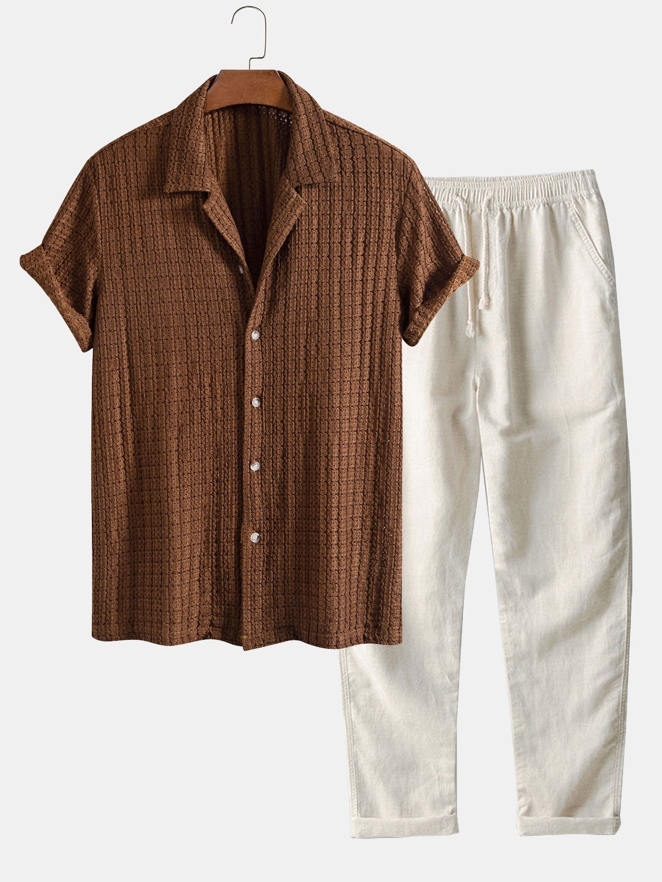 Conjunto Camisa Cubana Jacquard y Pantalón Recto de Lino