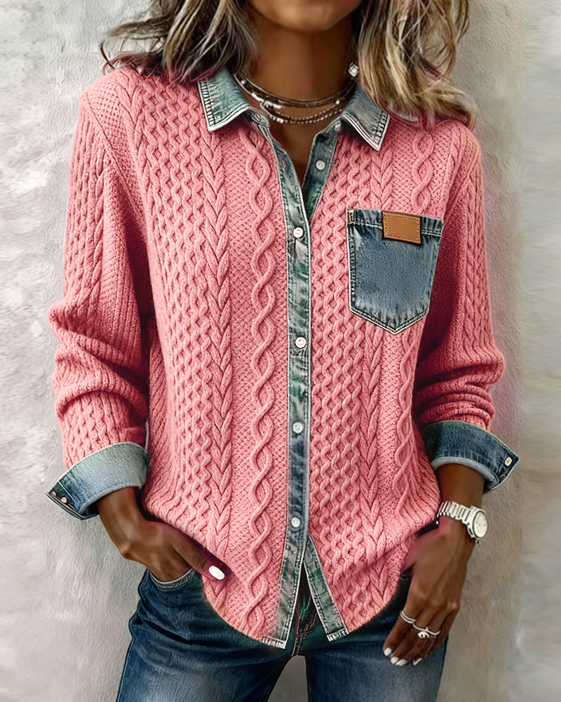 Camisa Hombre Manga Larga con Detalles Denim Casual