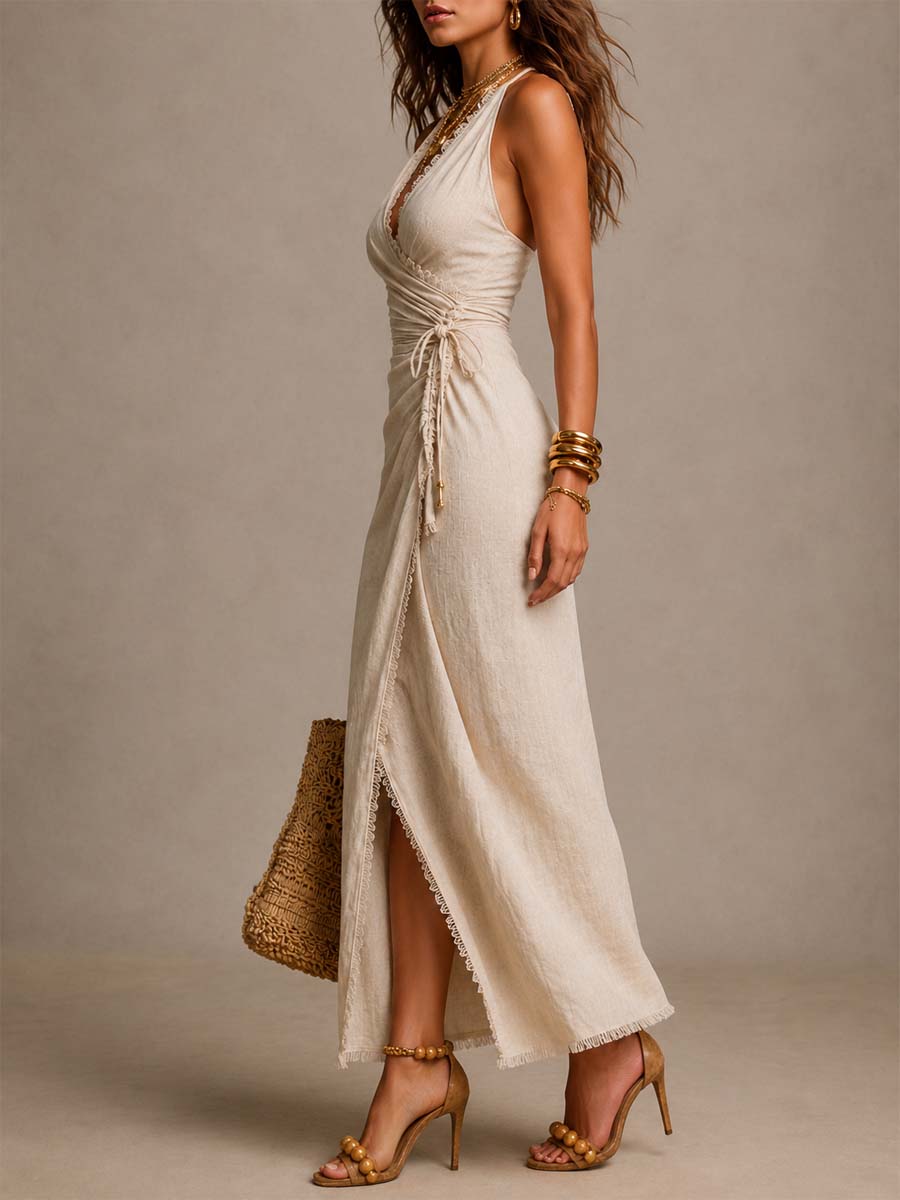 Tatiana | Vestido midi de lino natural con escote cruzado y encaje