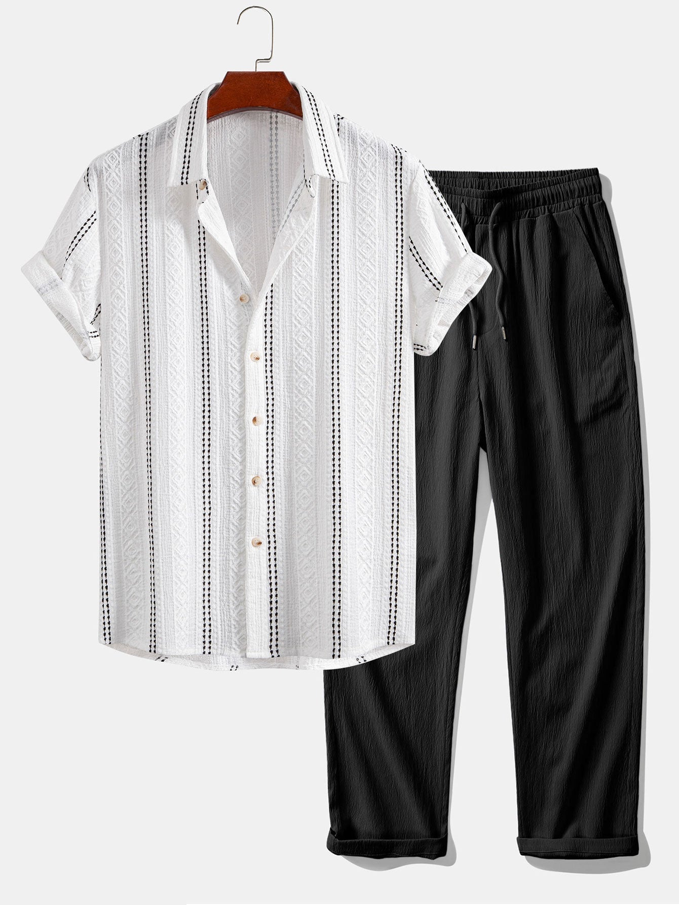 Conjunto Camisa Jacquard a Rayas y Pantalón Recto
