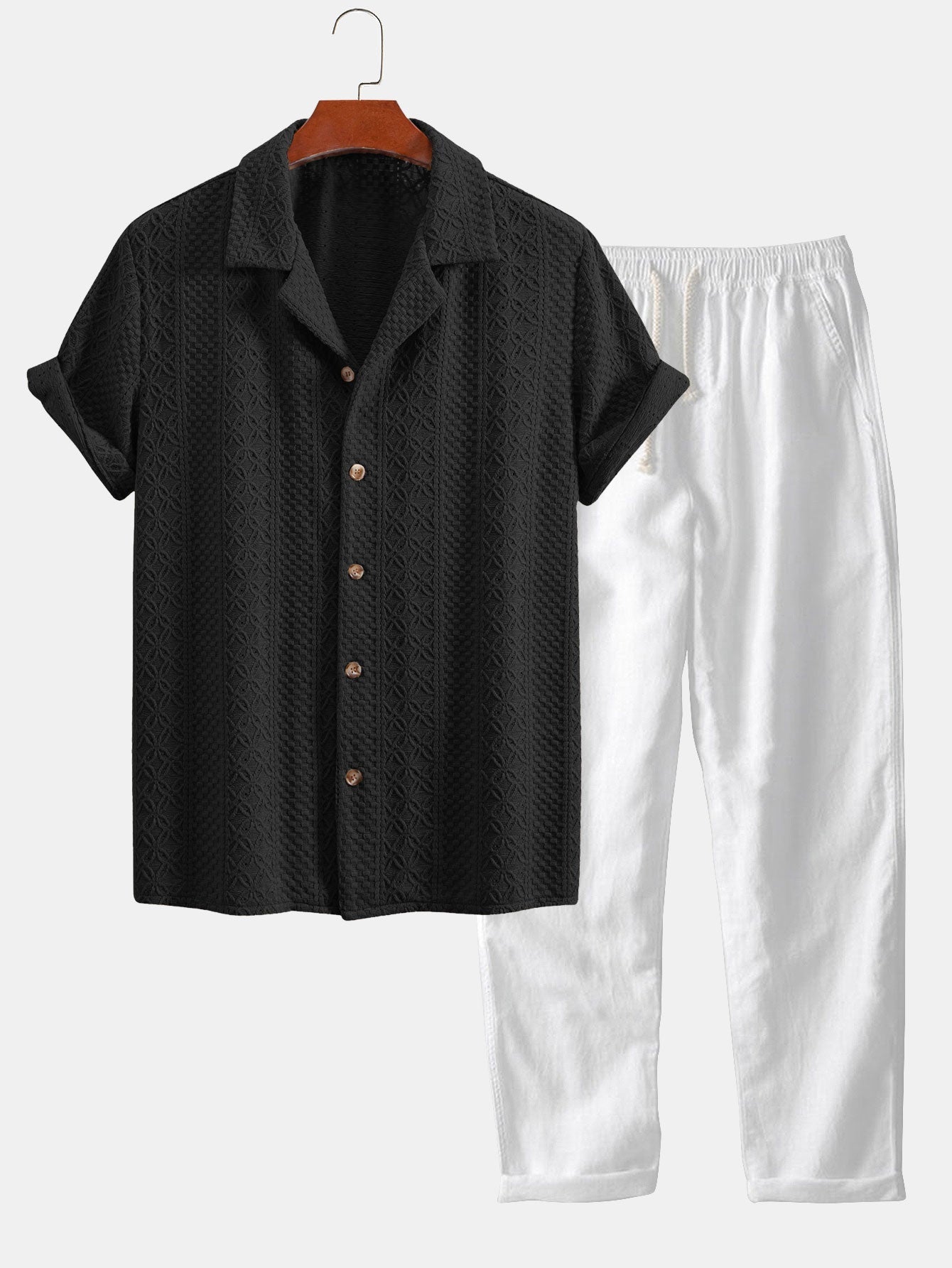 Conjunto Camisa Cubana Jacquard Floral y Pantalón Recto