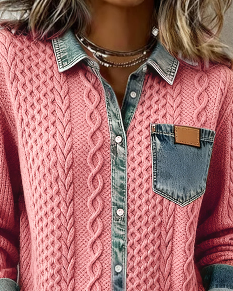 Camisa Hombre Manga Larga con Detalles Denim Casual