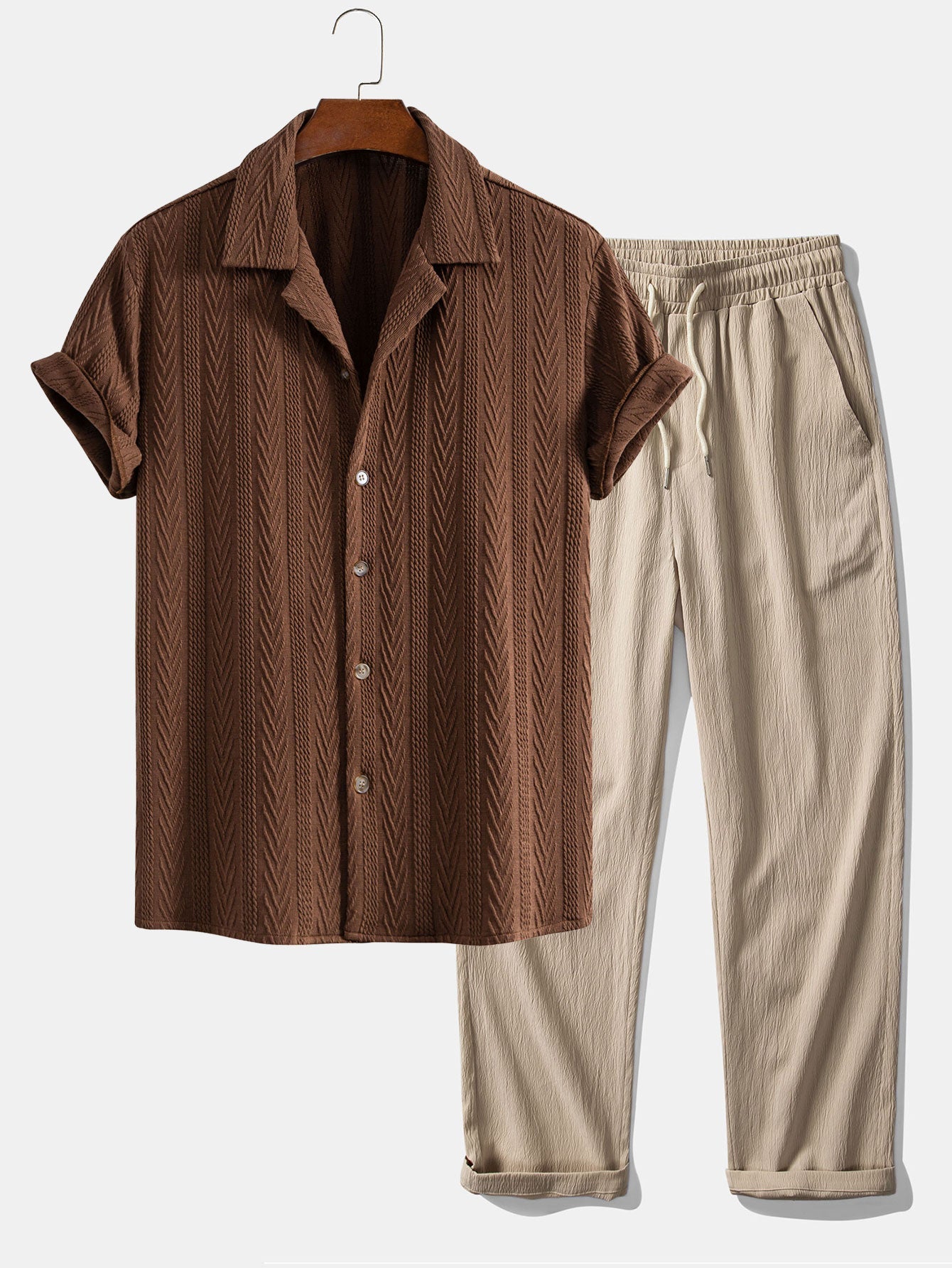 Conjunto Camisa Cubana Jacquard y Pantalón Recto Casual