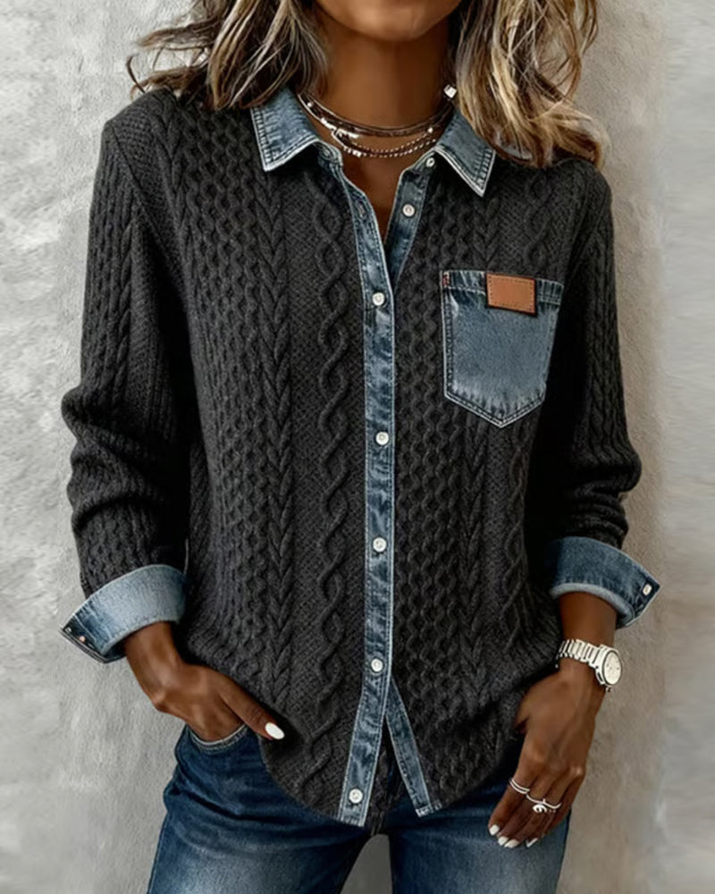 Camisa Hombre Manga Larga con Detalles Denim Casual