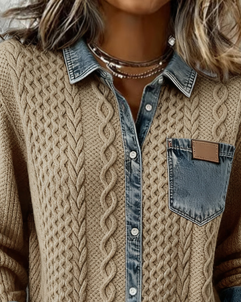 Camisa Hombre Manga Larga con Detalles Denim Casual