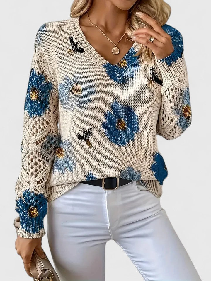 Jersey Elegante con Estampado Floral y Mangas Aireadas