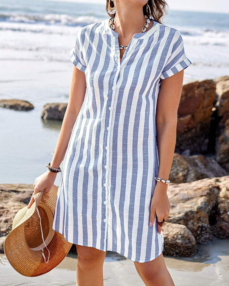 Vestido Camisero A Rayas De Algodón Lino Elegante
