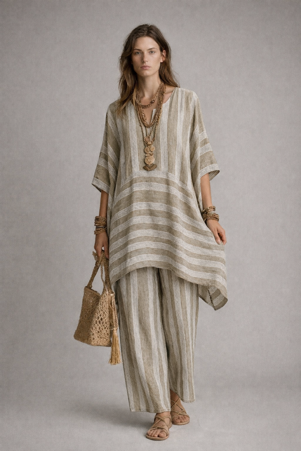 Conjunto Boho de Lino a Rayas Mujer Corte Oversize