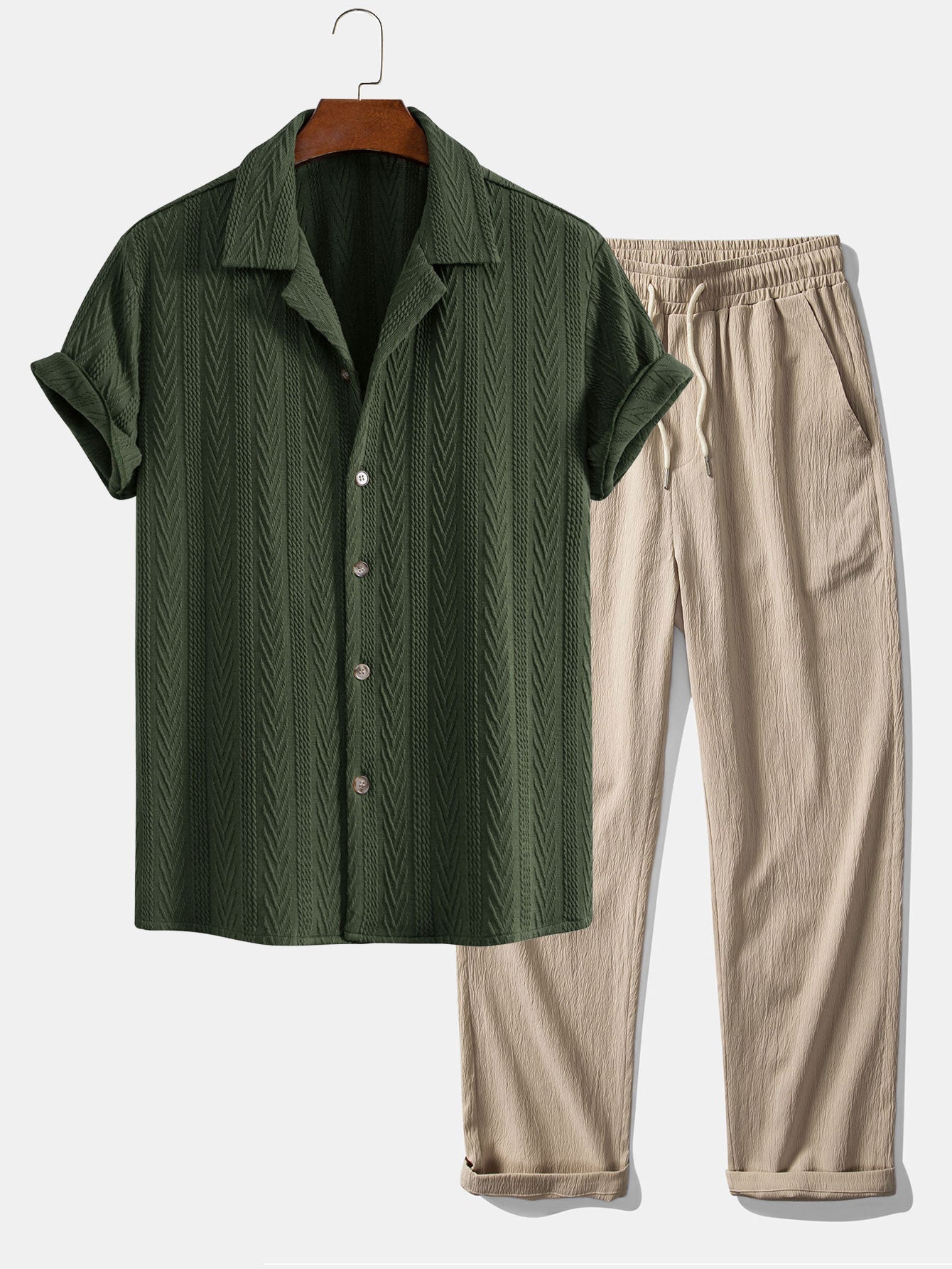 Conjunto Camisa Cubana Jacquard y Pantalón Recto Casual
