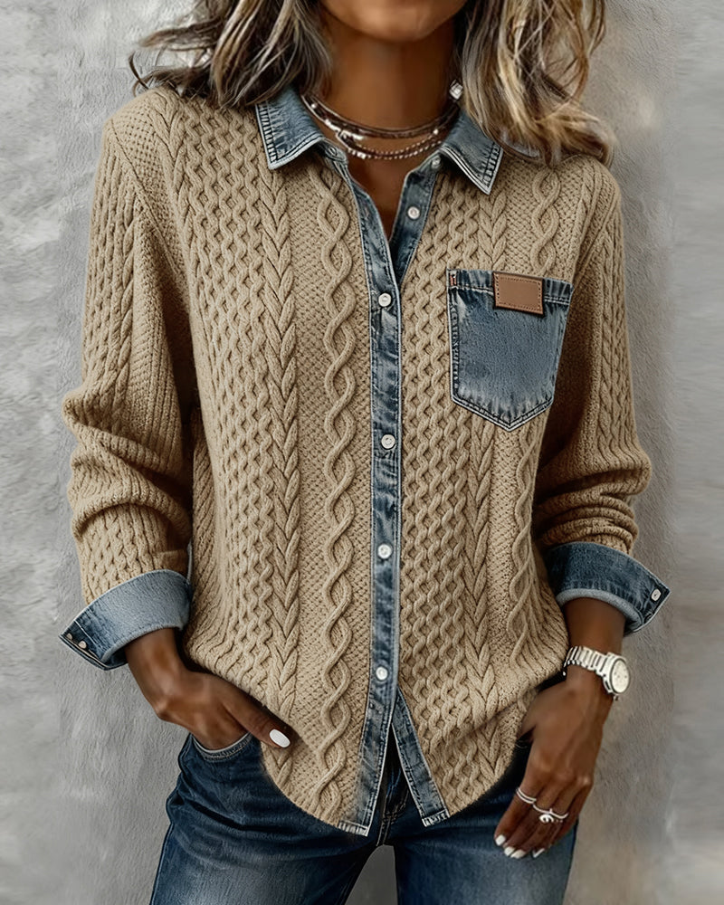Camisa Hombre Manga Larga con Detalles Denim Casual