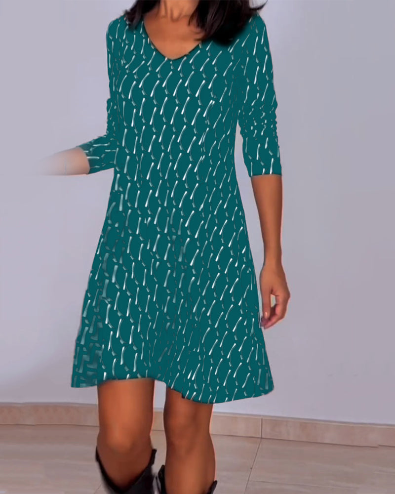 Vestido Cuadros Con Escote En V Y Manga Larga