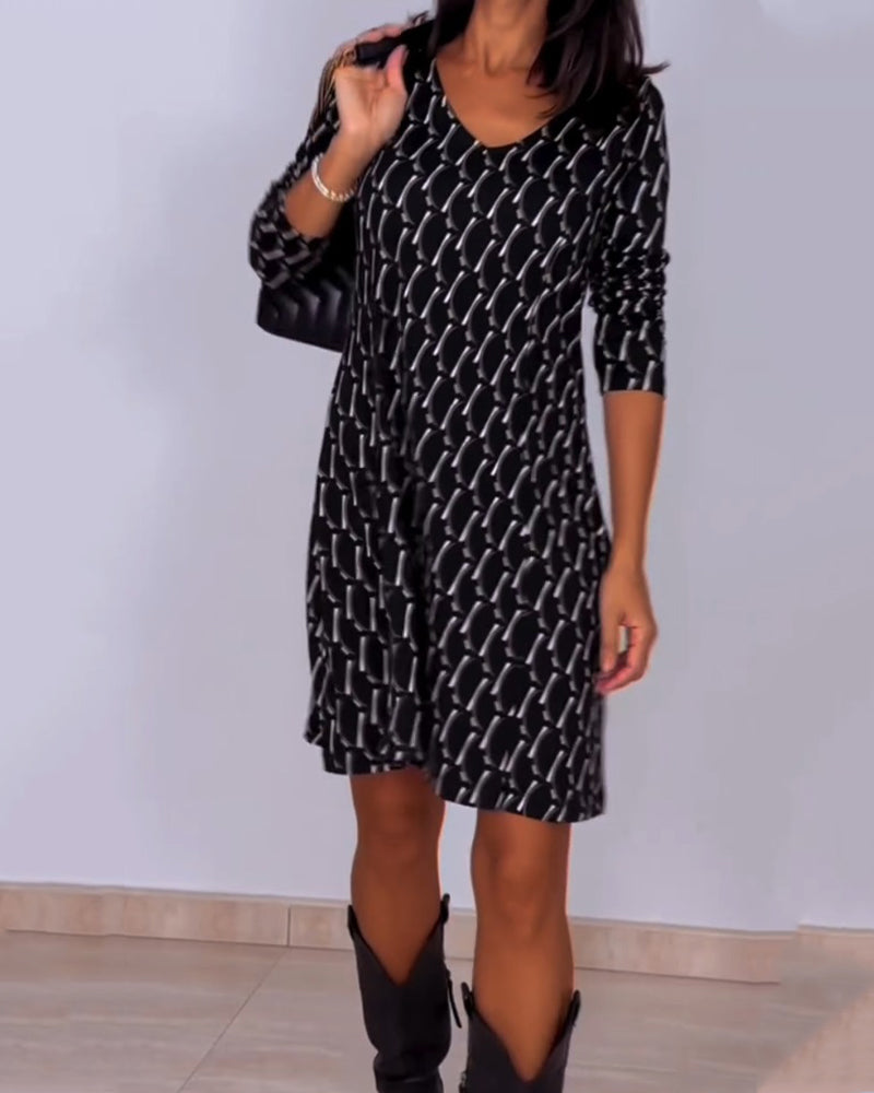 Vestido Cuadros Con Escote En V Y Manga Larga