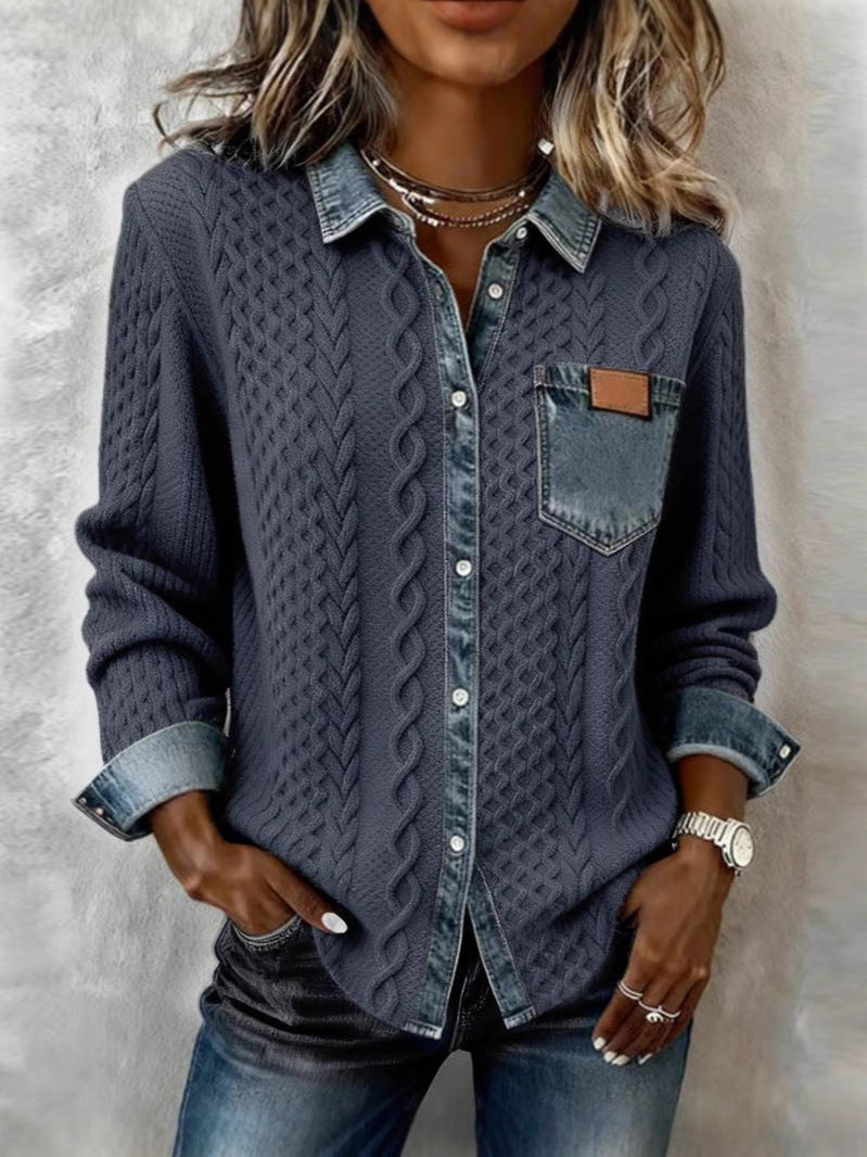 Camisa Hombre Manga Larga con Detalles Denim Casual