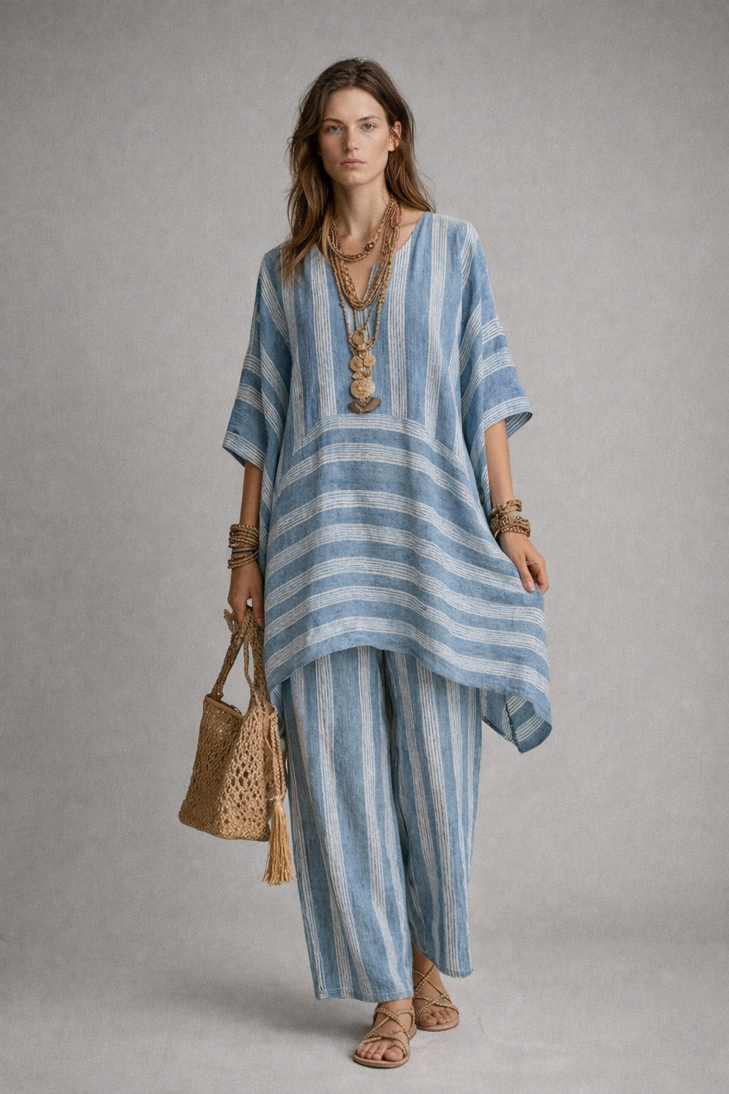 Conjunto Boho de Lino a Rayas Mujer Corte Oversize
