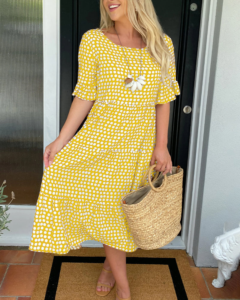Vestido Midi de Lunares con Cuello Redondo Fluido
