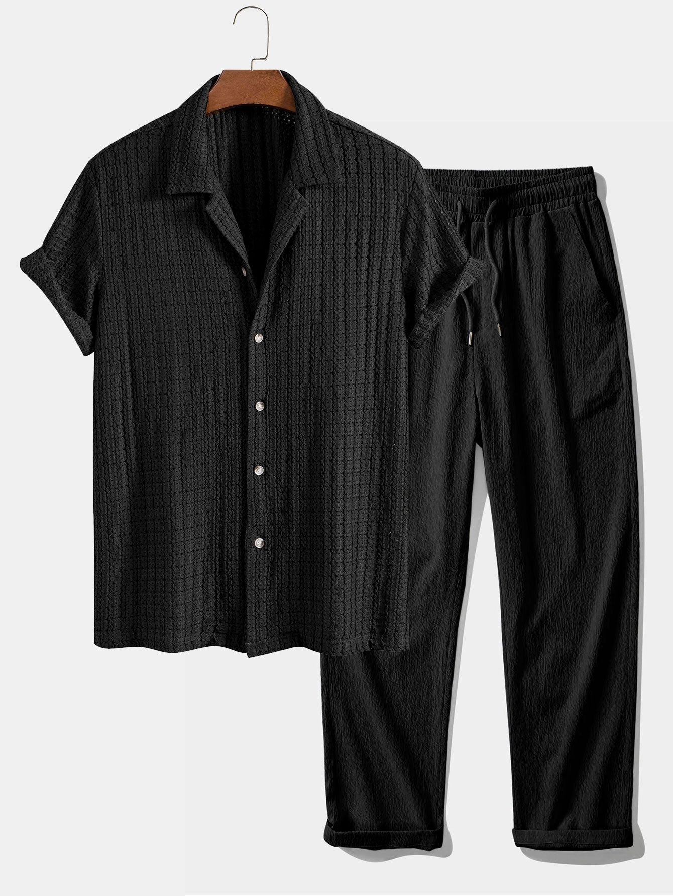 Conjunto Camisa Cubana Jacquard y Pantalón Recto Arrugado