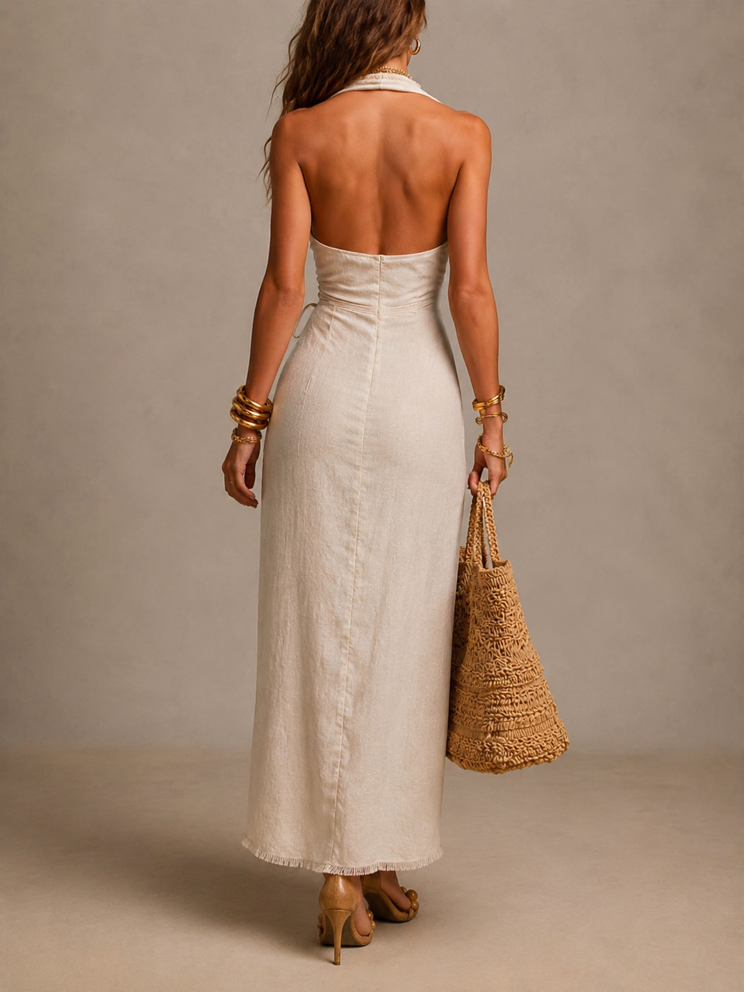 Tatiana | Vestido midi de lino natural con escote cruzado y encaje