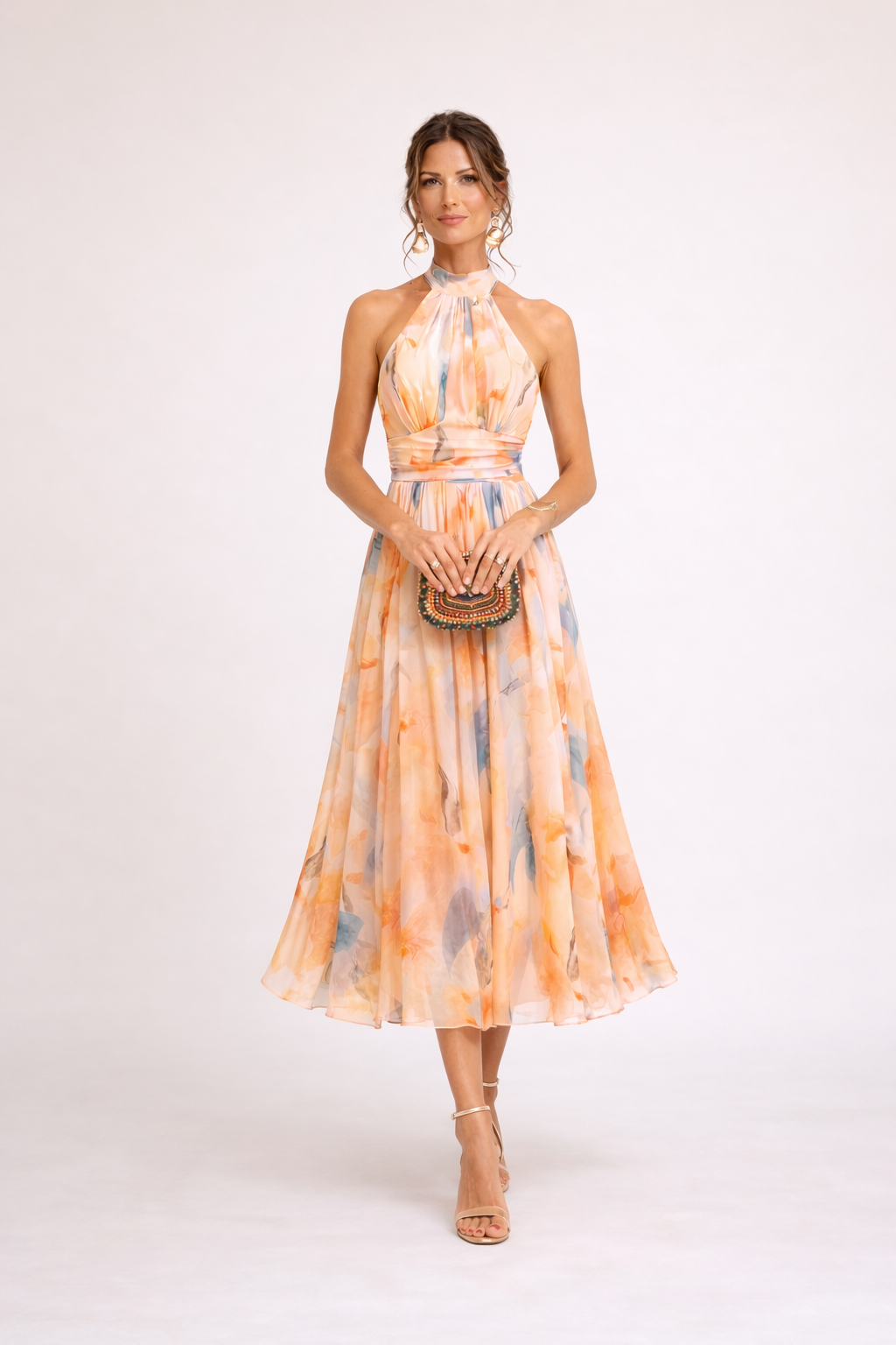 Vestido Midi Halter Estampado Acuarela Fluido