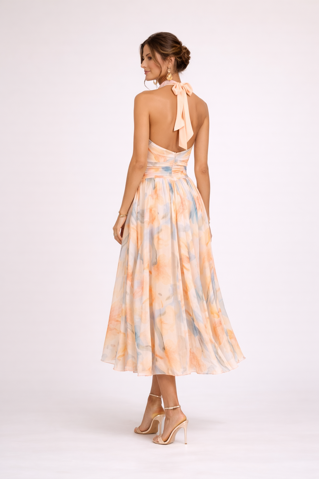 Vestido Midi Halter Estampado Acuarela Fluido
