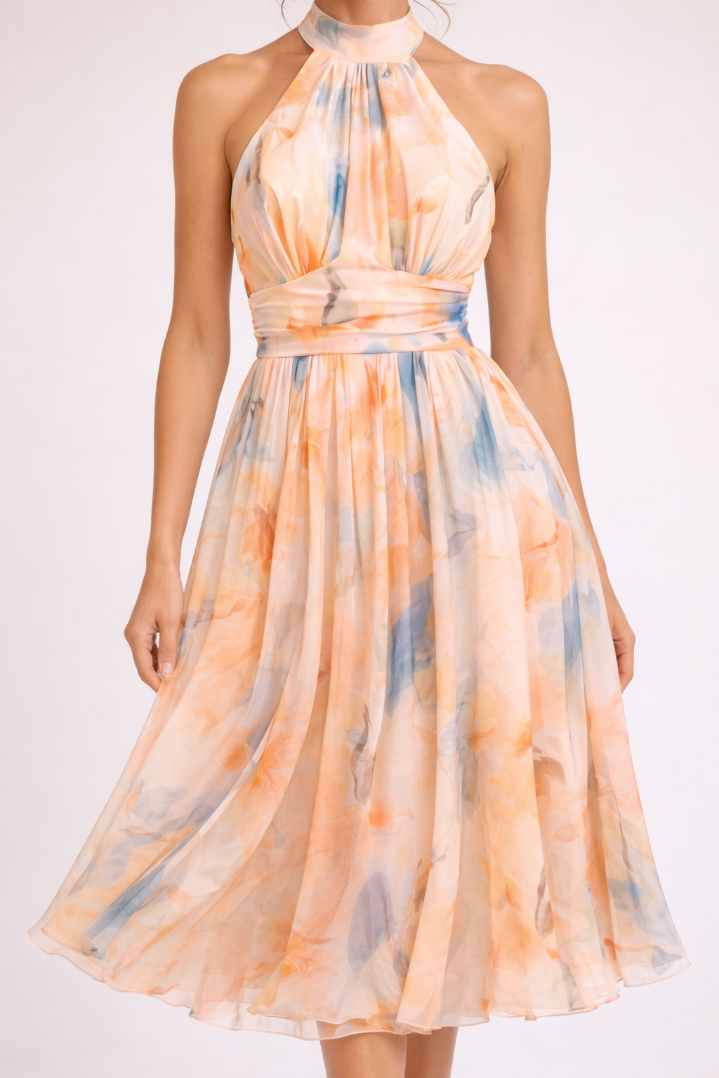 Vestido Midi Halter Estampado Acuarela Fluido