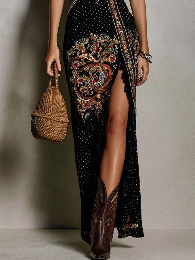 Amanda | Vestido estampado de estilo bohemio con escote en V profundo y abertura alta