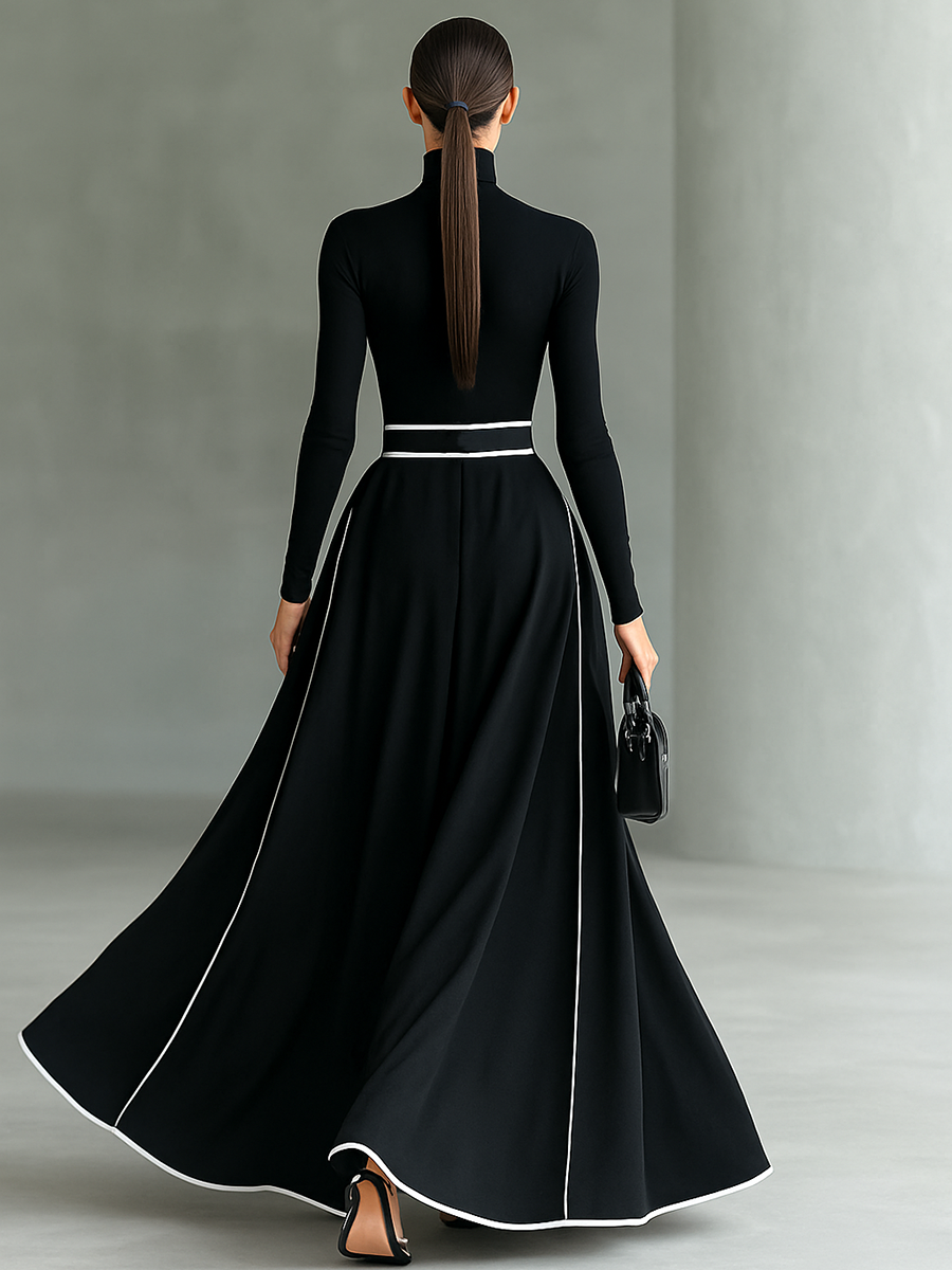 Vestido Maxi Negro Entallado con Cuello Alto Elegante
