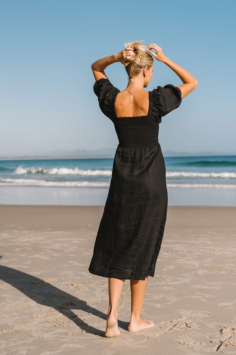 Vestido Midi De Lino Con Nido De Abeja Y Mangas Abullonadas