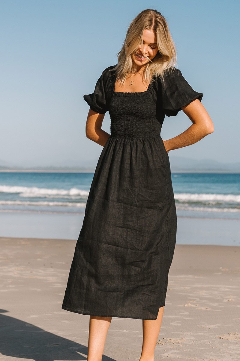 Vestido Midi De Lino Con Nido De Abeja Y Mangas Abullonadas