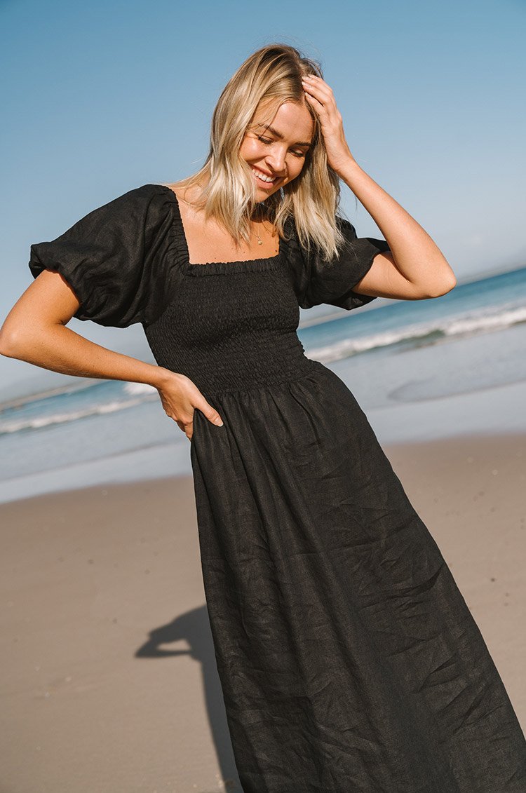 Vestido Midi De Lino Con Nido De Abeja Y Mangas Abullonadas