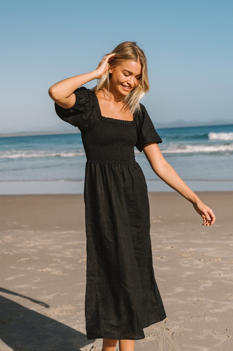 Vestido Midi De Lino Con Nido De Abeja Y Mangas Abullonadas