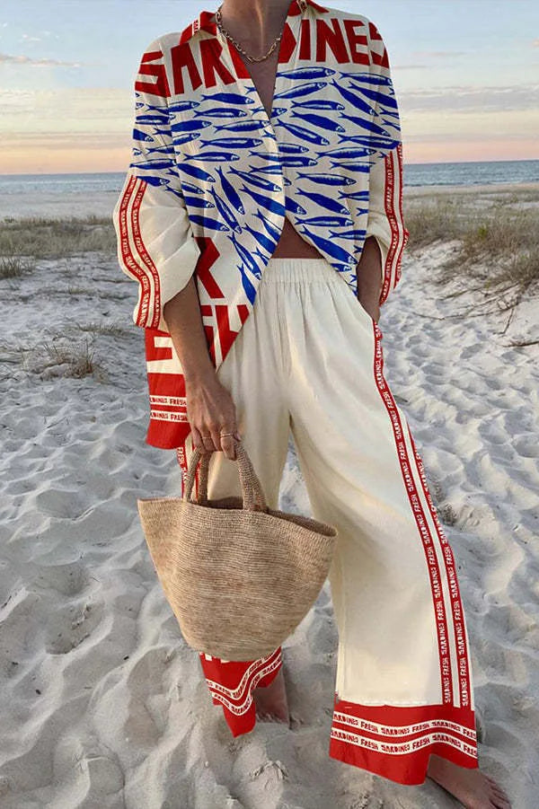 Conjunto Mujer Camisa y Pantalón Ancho Estampado Casual